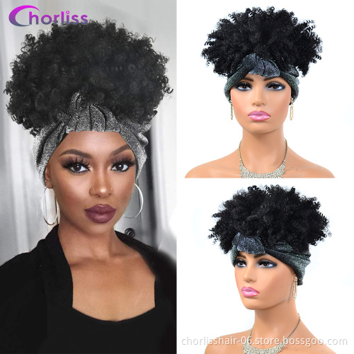 Hot Selling Black Fluffy Afro Short Kinky Curly Turban Wigs With Headband Attached For Black Women Synthetic Hair Wigs
